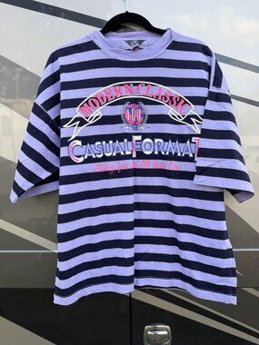 Vintage 90s I.O.U. purple striped neon graphic oversized boxy tshirt L retro